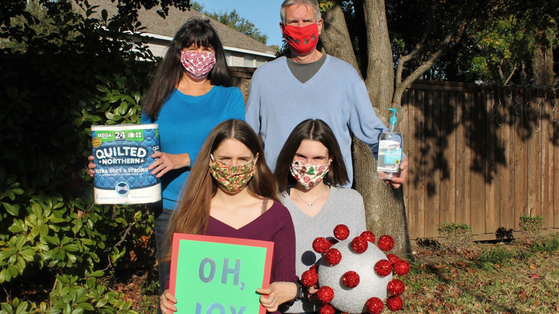This is my husband and two daughters in this picture. There is nothing funny about a deadly pandemic that is infecting and killing people and causing untold misery, but it is still important to keep a sense of humor through it all. (I made the "COVID virus" myself with a Styrofoam ball and some sparkly red balls).