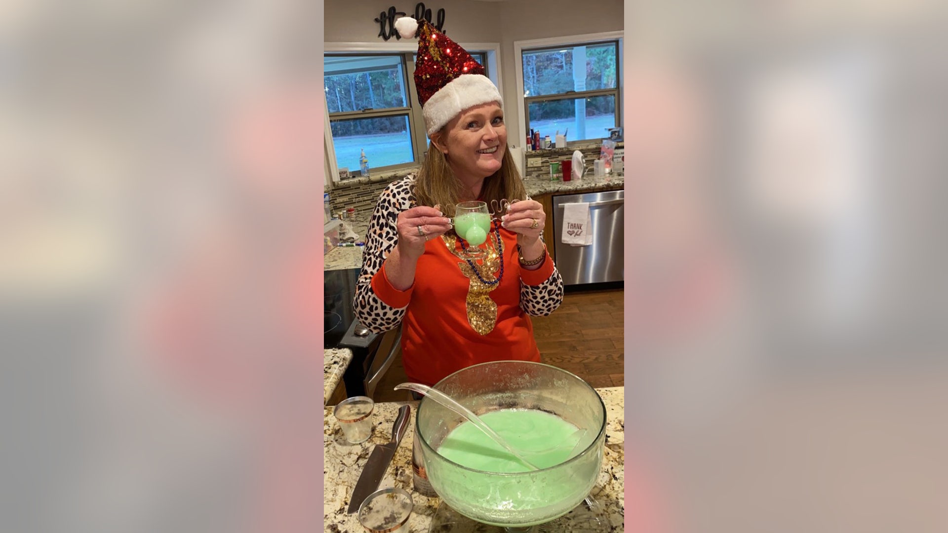 Every year the kids and grandkids come over and we make Christmas cookies and watch Christmas Vacation. This year we added reindeer games. We had the best time. They took this picture of me drinking from my moose glass.