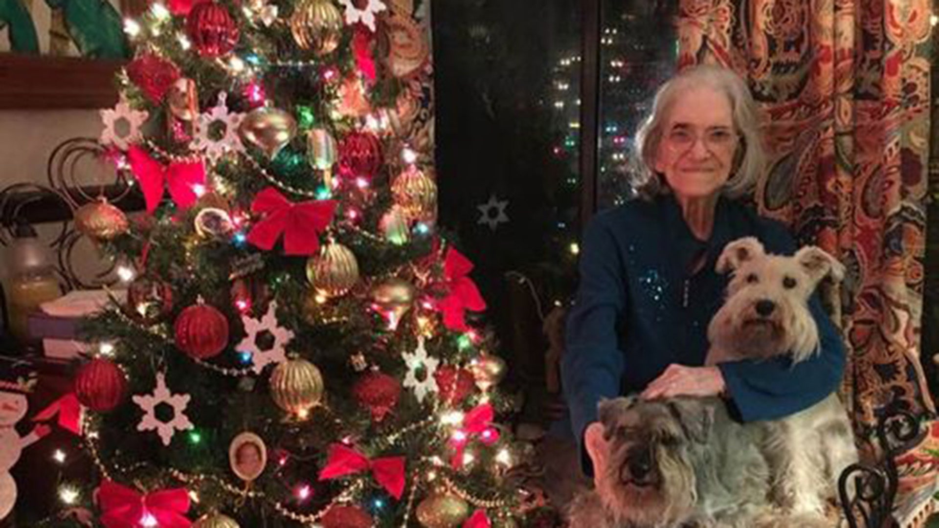 My 92 year old Mom Jean Coker with schnauzers Mardi &amp; Gras on Christmas 2020!