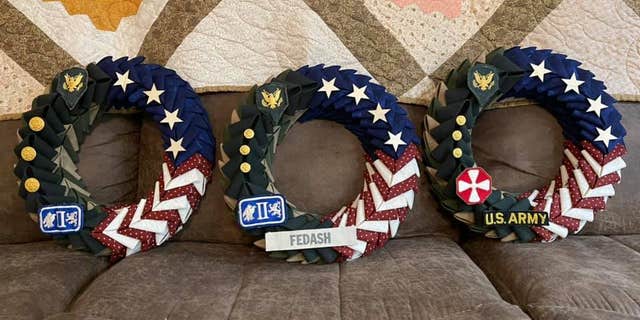 These wreaths were made from a uniform from 1946. (Courtesy of Wreaths by Nicole)
