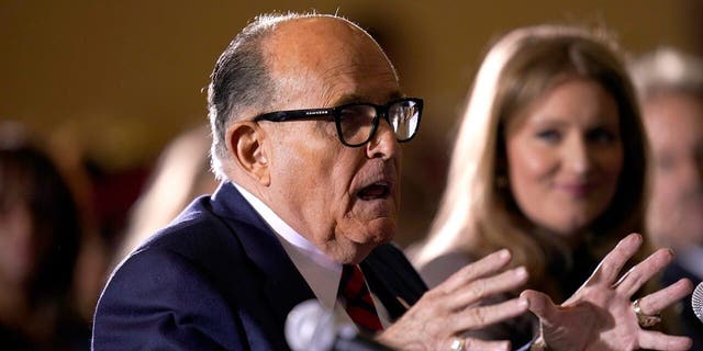 Former New York City Mayor Rudy Giuliani, a lawyer for President Trump, speaks at a hearing of the Pennsylvania State Senate Majority Policy Committee, Wednesday, Nov. 25, 2020, in Gettysburg, Pa.<br>
(AP Photo/Julio Cortez)