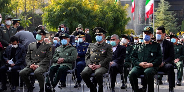 Military commanders attend the funeral of Mohsen Fahrizade, a scientist killed Friday, at a funeral in Tehran, Iran, Monday, November 30, 2020. Iran held the funeral Monday of the slain scientist who founded his military nuclear program two decades ago. the Minister of Defense of the Islamic Republic promised to continue the work of the man
