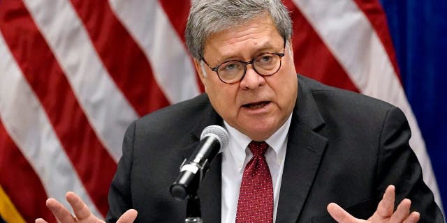 FILE - In this Oct. 15, 2020, file photo Attorney General William Barr speaks during a roundtable discussion on Operation Legend, a federal program to help cities combat violent crime in St. Louis. (AP Photo/Jeff Roberson, File)