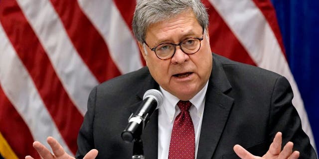 FILE - In this Oct. 15, 2020, file photo Attorney General William Barr speaks during a roundtable discussion on Operation Legend, a federal program to help cities combat violent crime in St. Louis.  (AP Photo/Jeff Roberson, File)