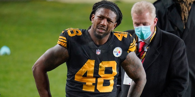 Then-Pittsburgh Steelers outside linebacker Bud Dupree grimaces as he walks on the sideline after being injured playing against the Baltimore Ravens during an NFL football game Wednesday, Dic. 2, 2020. (AP Photo/Gene J. Puskar)