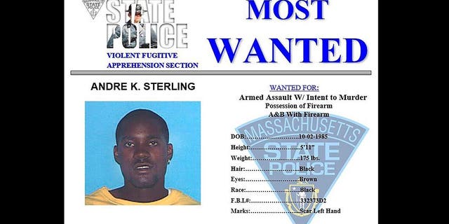 This poster, from the Massachusetts State Police Twitter page, posted Nov. 24, 2020, shows Andre K. Sterling. Sterling, a suspect in the shooting of a state trooper in Massachusetts, was killed during a shootout with U.S. marshals in the Bronx borough of New York early Friday, Dec. 4, 2020. (Massachusetts State Police via AP)