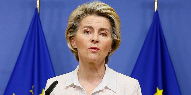 European Commission President Ursula von der Leyen makes a statement on camera regarding Brexit negotiations, after a phone call with British Prime Minister Boris Johnson, at EU headquarters in Brussels, Saturday, Dec. 5, 2020. (Julien Warnand)
