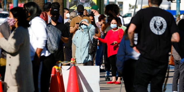 People wait in line to be tested for COVID-19 at a testing site in the North Hollywood section of Los Angeles on Saturday, Dec. 5, 2020.
