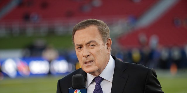 Al Michaels works the sideline before an NFL game between the Los Angeles Rams and the Seattle Seahawks on Sunday, Dec. 8, 2019, in Los Angeles.