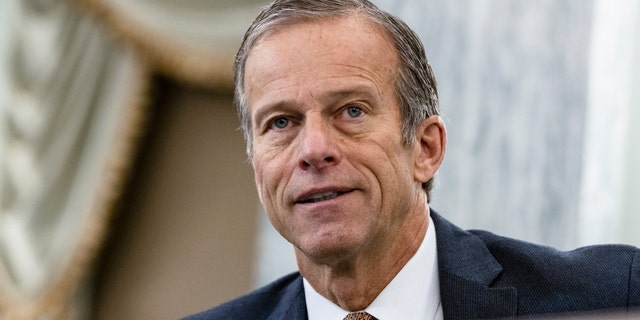 Sen. John Thune, R-S.D., speaks during a Senate Transportation subcommittee hybrid hearing on transporting ​a coronavirus vaccine on Capitol Hill, Thursday, Dec. 10, 2020, in Washington. (Samuel Corum/The New York Times via AP, Pool)