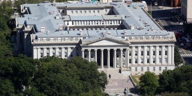 FILE - The U.S. Treasury Department building viewed from the Washington Monument, Wednesday, Sept. 18, 2019, in Washington. (AP Photo/Patrick Semansky, file)