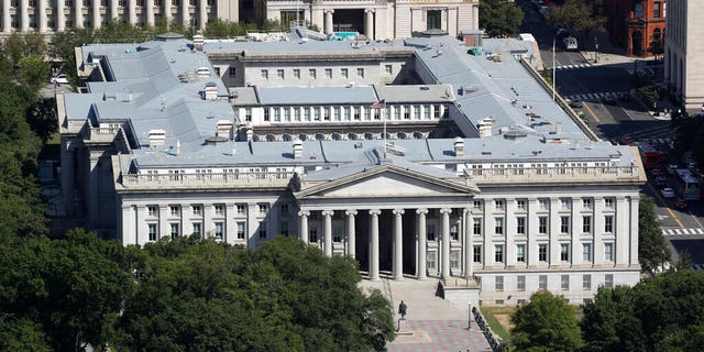 The U.S. Treasury Department building viewed from the Washington Monument, Wednesday, Sept. 18, 2019, in Washington.