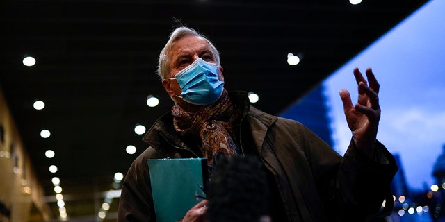 European Commission's Head of Task Force for Relations with the United Kingdom Michel Barnier talks to the media outside the EU headquarters in Brussels, Monday, Dec. 14, 2020. Teetering on the brink of a no-deal Brexit departure, Britain and the European Union stepped back from the void Sunday and agreed to continue trade talks, although both downplayed the chances of success. (AP Photo/Francisco Seco)