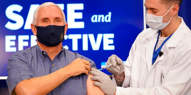 Vice President Mike Pence receives a Pfizer-BioNTech COVID-19 vaccine injected into the Eisenhower Executive Office building on the White House complex on Friday, December 18, 2020 in Washington.  Karen Pence and US Surgeon General Jerome Adams also participated.  (AP Photo / Andrew Harnik)