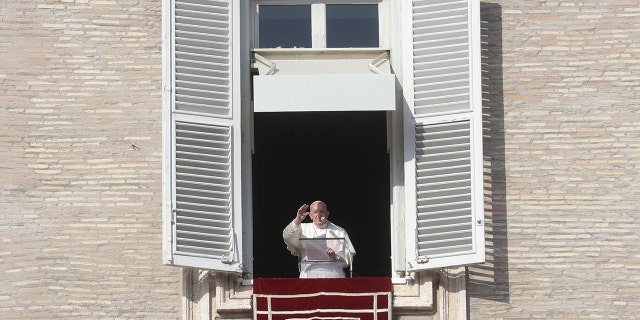 Pope Francis delivers the Angelus noon prayer in St. Peter's Square at the Vatican, Sunday, Dec. 20, 2020. (AP Photo/Gregorio Borgia)