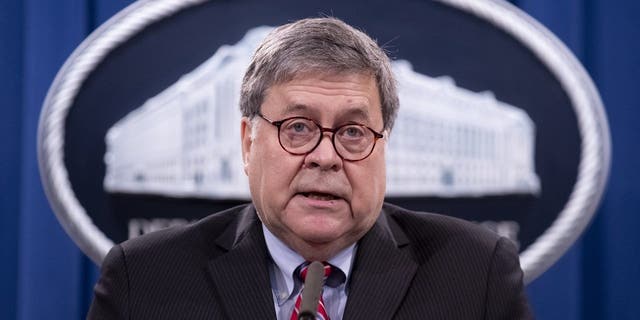 Attorney General William Barr speaks during a news conference, Monday, Dec. 21, 2020 at the Justice Department in Washington. (Michael Reynolds/Pool via AP)