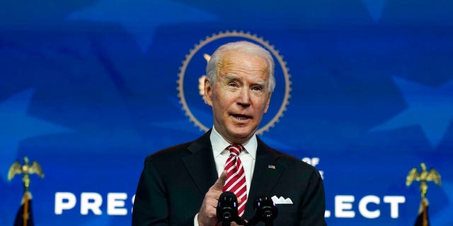 President-elect Joe Biden speaks as he and Vice President-elect Kamala Harris introduce nominee for Secretary of Education, Miguel Cardona, at The Queen Theater in Wilmington, Del.