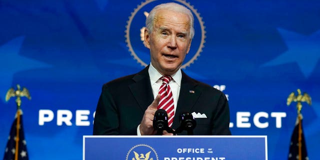 President-elect Joe Biden speaks as he and Vice President-elect Kamala Harris introduce nominee for Secretary of Education, Miguel Cardona, at The Queen Theater in Wilmington, 的.