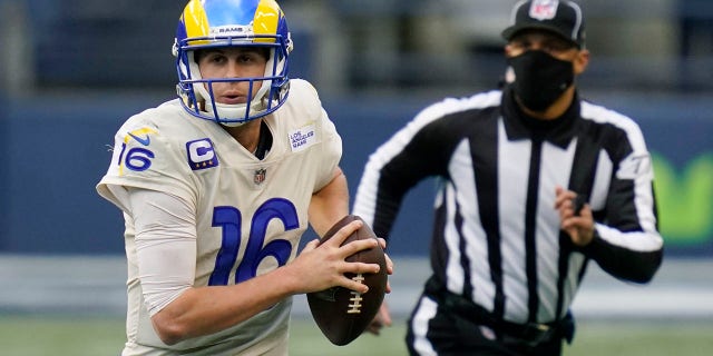 Los Angeles Rams quarterback Jared Goff (16) looks to pass against the Seattle Seahawks during the second half of an NFL football game, Sunday, Dec. 27, 2020, in Seattle. (AP Photo/Elaine Thompson)