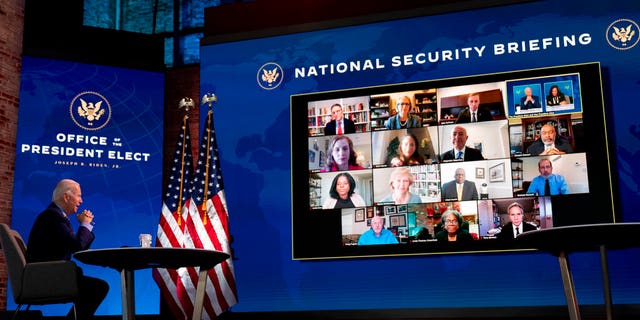 President-elect Joe Biden speaks during a virtual meeting with members of his national security and foreign policy agency review teams at The Queen theater, Monday, Dec. 28, 2020, in Wilmington, Del. (AP Photo/Andrew Harnik)