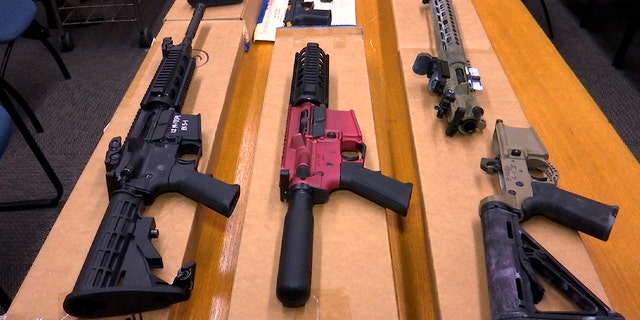 This Nov. 27, 2019, file photo shows "ghost guns" on display at the headquarters of the San Francisco Police Department.