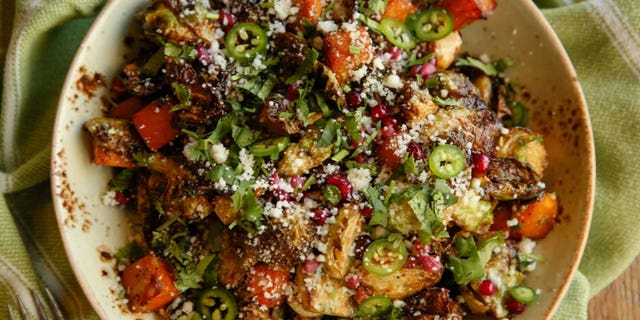 Brussels Sprouts Salad with Butternut Squash, Cotija, and Jalapeno Vinaigrette