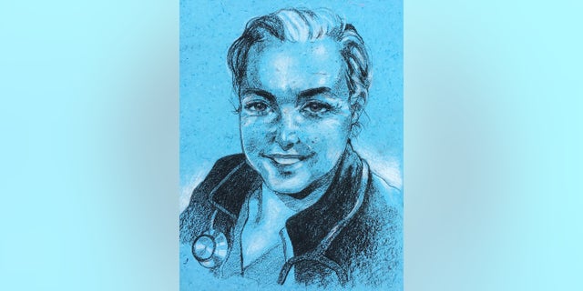Portrait of family friend and healthcare worker on scrubs paper by Ridge High School senior Aubrey Schoenfeld.