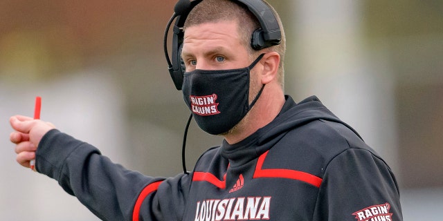 Louisiana-Lafayette head coach Billy Napier reacts to a call in the first half of an NCAA college football game against Louisiana Monroe in Monroe, La., Saturday, Nov. 28, 2020.