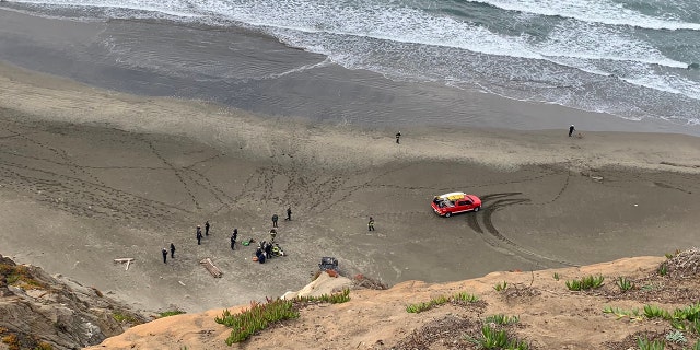 Rescuers transport a woman after car plunged off a San Francisco cliff.