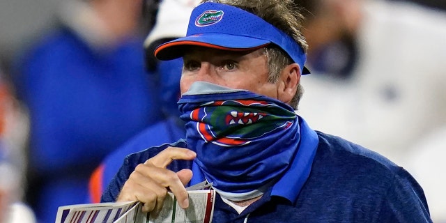 Dan Mullen during a timeout against Georgia on Nov. 7, 2020, in Jacksonville, Florida.