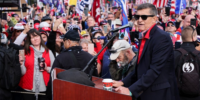 Former U.S. national security adviser Michael Flynn speaks as supporters of U.S. President Donald Trump listen during a rally to protest the results of the election in front of Supreme Court building, in Washington, U.S., Dec. 12. (Reuters)