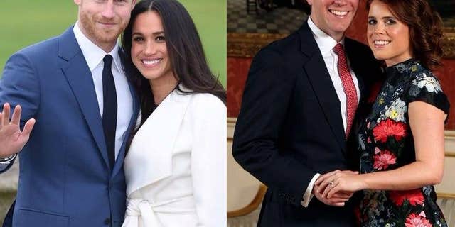 Markle and Prince Harry (L) and Princess Eugenie and Jack Brooksbank (R)