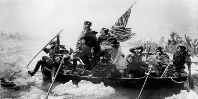 Genl. George Washington leads his troops across the Delaware River in this painting by Emmanuel G. Leutze, Des. 1776, during the Revolutionary War. (AP-foto)