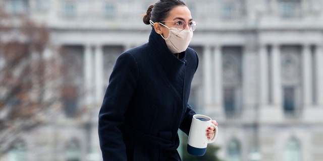 Rep. Alexandria Ocasio-Cortez, D-N.Y., on the House steps of the Capitol during votes, Dec. 4, 2020. (Tom Williams/CQ-Roll Call, Inc via Getty Images)