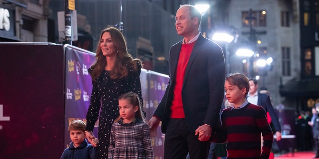 Prince William, Duke of Cambridge and Catherine, Duchess of Cambridge with their children, Prince Louis, Princess Charlotte and Prince George. The family attended a special pantomime performance at London's Palladium Theatre. (Photo by Aaron Chown - WPA Pool/Getty Images)