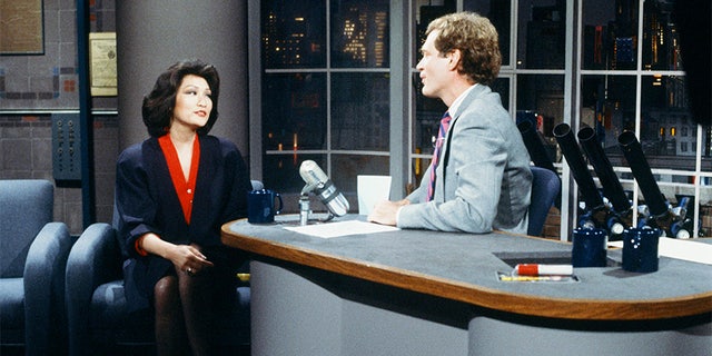 Connie Chung during an interview with host David Letterman, around 1988.