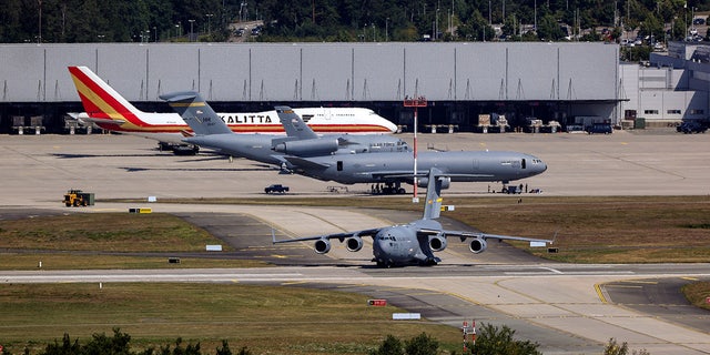 A United States Air Force aircraft taxis on the tarmac at Ramstein United States Air Force Airbase in Landstuhl, Germany, in July. (Bloomberg via Getty Images)