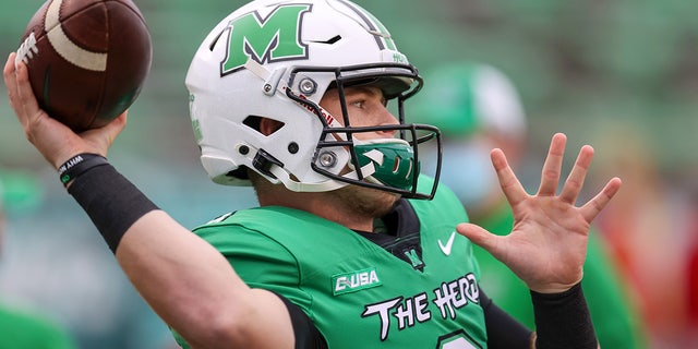 Marshall Thundering Herd quarterback Grant Wells (8) during pregame warmups prior to the college football game between the Florida Atlantic Owls and the Marshall Thundering Herd on Oct. 24, 2020, at Joan C. Edwards Stadium in Huntington, W.Va. (Frank Jansky/Icon Sportswire via Getty Images)