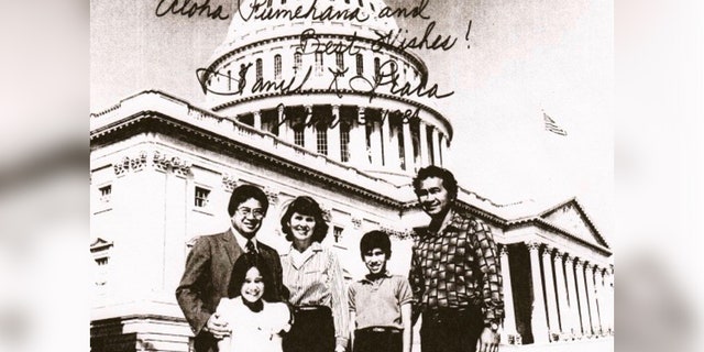 A 10-year-old Kai Kahele is pictured here on a family trip to Washington D.C. with then-Rep. Daniel Akaka, D-Hawaii. Kahele is pictured with his mother Linda, father Gilbert and sister Noelani. Kahele will be just the second native Hawaiian elected to represent Hawaii in Congress after Akaka. (Photo courtesy of Kai Kahele.)