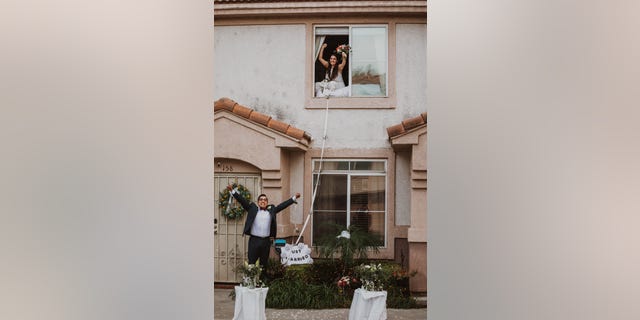 Lauren and Patrick Delgado were married last month at Lauren’s family home in Ontario, California, while she quarantined on the second floor.