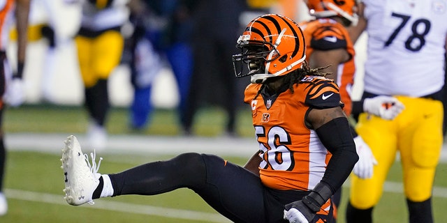 Cincinnati Bengals' Josh Bynes (56) reacts after a tackle during the second half of an NFL football game against the Pittsburgh Steelers, Monday, Dec. 21, 2020, in Cincinnati. (AP Photo/Michael Conroy)