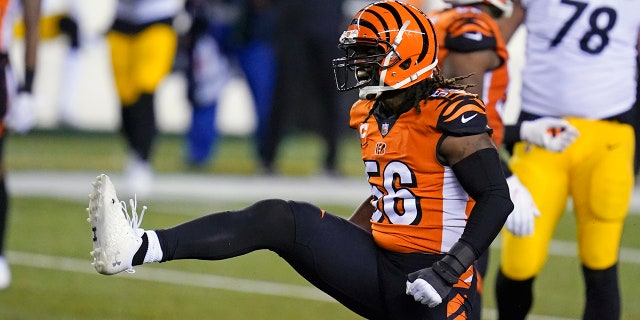 Cincinnati Bengals' Josh Bynes (56) reacts after a tackle during the second half of an NFL football game against the Pittsburgh Steelers, Monday, Dec. 21, 2020, in Cincinnati. (AP Photo/Michael Conroy)