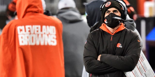 Cleveland Browns head coach Kevin Stefanski watches late during the second half of an NFL football game against the Baltimore Ravens, Monday, Dec. 14, 2020, in Cleveland. The Ravens won 47-42. (AP Photo/David Richard)