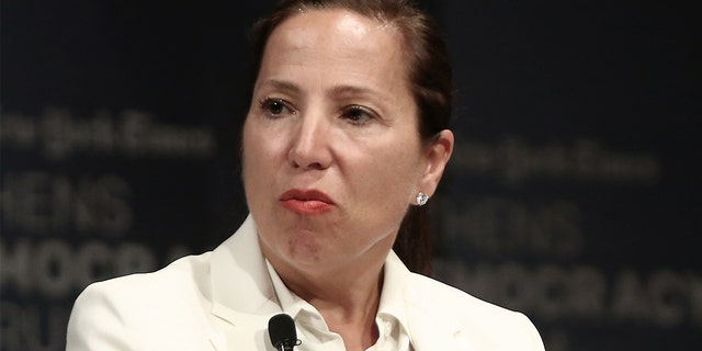Then-Ambassador Eleni Kounalakis during a session in the context of the fourth annual Athens Democracy Forum, at the Athens Concert hall, Megaron, on September 15, 2016. (Photo by Panayiotis Tzamaros/NurPhoto via Getty Images)