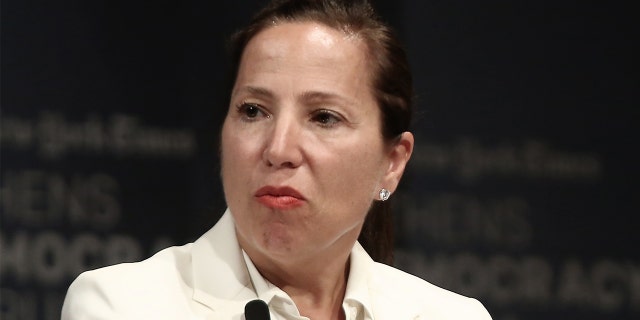 Then-Ambassador Eleni Kounalakis during a session in the context of the fourth annual Athens Democracy Forum, at the Athens Concert hall, Megaron, on September 15, 2016. (Photo by Panayiotis Tzamaros/NurPhoto via Getty Images)