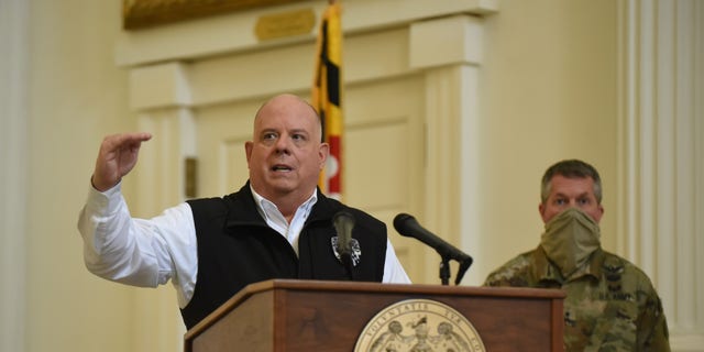 Maryland Gov. Larry Hogan leads a state coronavirus briefing, in July 2020 in Annapolis, Maryland.