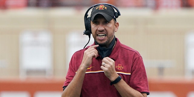Iowa State head coach Matt Campbell reacts during the first half of an NCAA college football game against Texas, Friday, Nov. 27, 2020, in Austin, Texas.