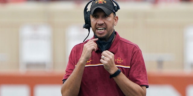 Iowa State head coach Matt Campbell reacts during the first half of an NCAA college football game against Texas, Friday, Nov. 27, 2020, in Austin, Texas.
