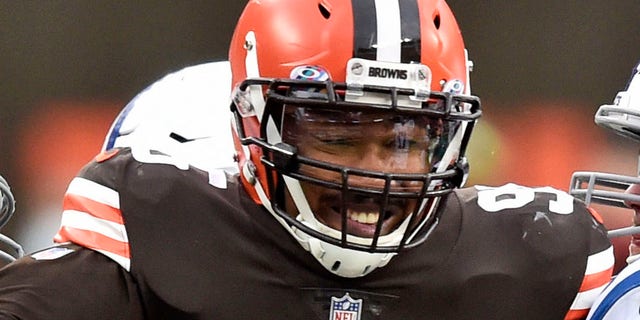 FCleveland Browns defensive end Myles Garrett (95) rushes the passer during the first half of an NFL football game against the Indianapolis Colts in Cleveland, in this Sunday, Oct. 11, 2020, file photo. (AP Photo/David Richard, File)