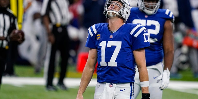 Indianapolis Colts quarterback Philip Rivers (17) reacts after throwing an incomplete pass against the Tennessee Titans in the second half of an NFL football game in Indianapolis, Sunday, Nov. 29, 2020. (AP Photo/Darron Cummings)